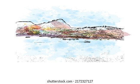 Building view with landmark of Nafplio is the 
city in Greece. Watercolor splash with hand drawn sketch illustration in vector.