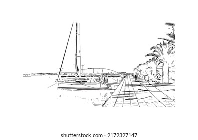 Building view with landmark of Nafplio is the 
city in Greece. Hand drawn sketch illustration in vector.