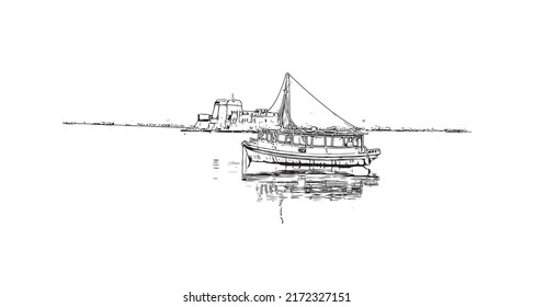 Building view with landmark of Nafplio is the 
city in Greece. Hand drawn sketch illustration in vector.