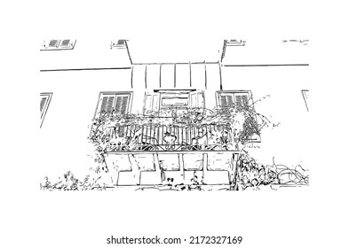 Building view with landmark of Nafplio is the 
city in Greece. Hand drawn sketch illustration in vector.