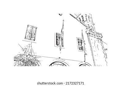 Building view with landmark of Nafplio is the 
city in Greece. Hand drawn sketch illustration in vector.