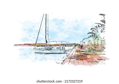 Building view with landmark of Nafplio is the 
city in Greece. Watercolor splash with hand drawn sketch illustration in vector.