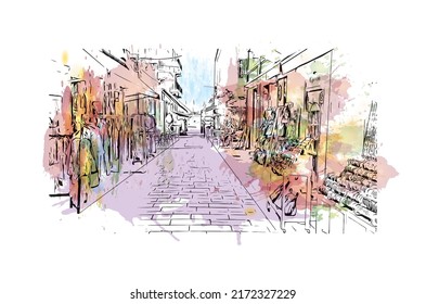 Building view with landmark of Nafplio is the 
city in Greece. Watercolor splash with hand drawn sketch illustration in vector.