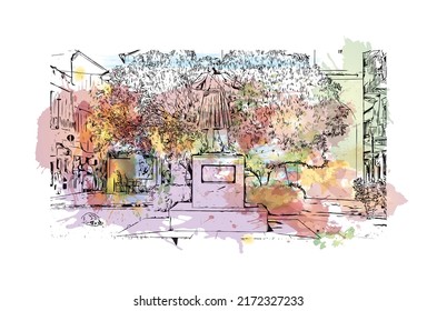 Building view with landmark of Nafplio is the 
city in Greece. Watercolor splash with hand drawn sketch illustration in vector.