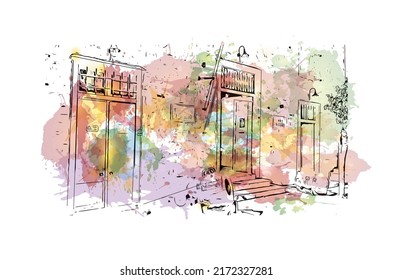 Building view with landmark of Nafplio is the 
city in Greece. Watercolor splash with hand drawn sketch illustration in vector.
