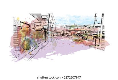 Building view with landmark of Nagoya is the city in Japan. Watercolor splash with hand drawn sketch illustration in vector.