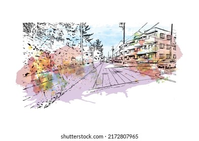 Building view with landmark of Nagoya is the city in Japan. Watercolor splash with hand drawn sketch illustration in vector.