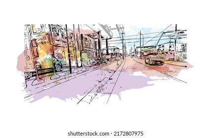 Building view with landmark of Nagoya is the city in Japan. Watercolor splash with hand drawn sketch illustration in vector.