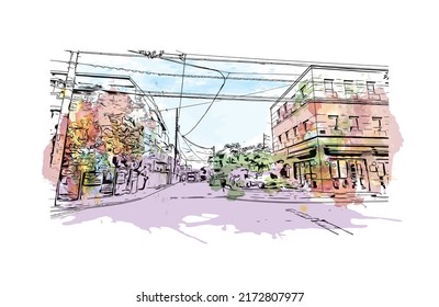 Building view with landmark of Nagoya is the city in Japan. Watercolor splash with hand drawn sketch illustration in vector.