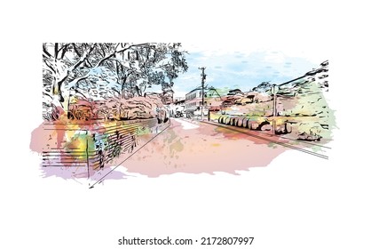 Building view with landmark of Nagoya is the city in Japan. Watercolor splash with hand drawn sketch illustration in vector.