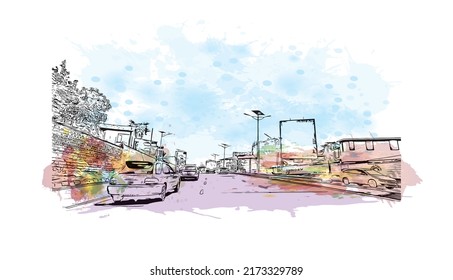 Building view with landmark of Nairobi is the 
capital of Kenya. Watercolor splash with hand drawn sketch illustration in vector.