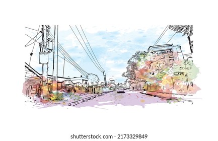 Building view with landmark of Nairobi is the 
capital of Kenya. Watercolor splash with hand drawn sketch illustration in vector.