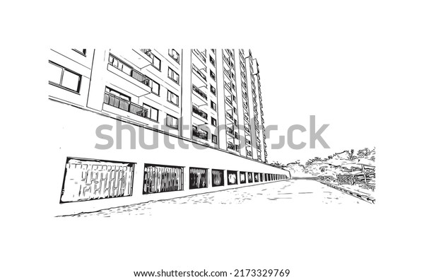 Building view with\
landmark of Nairobi is the \
capital of Kenya. Hand drawn sketch\
illustration in\
vector.