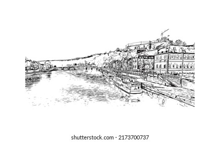 Building view with landmark of Namur is the 
city in Belgium. Hand drawn sketch illustration in vector.