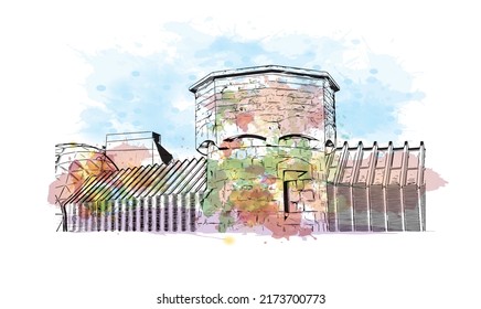 Building view with landmark of Namur is the 
city in Belgium. Watercolor splash with hand drawn sketch illustration in vector.