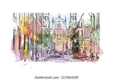 Building view with landmark of Nancy is the 
city in France. Watercolor splash with hand drawn sketch illustration in vector.
