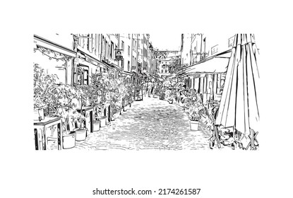 Building view with landmark of Nancy is the 
city in France. Hand drawn sketch illustration in vector.
