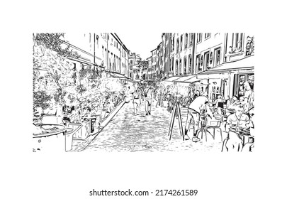 La vista de edificio con el punto de referencia de Nancy es 
ciudad de Francia. Dibujo a mano de ilustración de esbozo en vector.