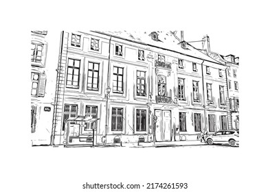 Building view with landmark of Nancy is the 
city in France. Hand drawn sketch illustration in vector.