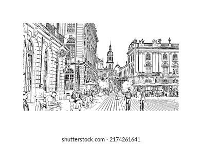 La vista de edificio con el punto de referencia de Nancy es 
ciudad de Francia. Dibujo a mano de ilustración de esbozo en vector.