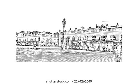 Der Blick auf das Gebäude mit Wahrzeichen von Nancy ist der 
Stadt in Frankreich. Handgezeichnete Skizzengrafik in Vektorgrafik.