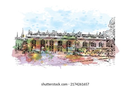 Building view with landmark of Nancy is the 
city in France. Watercolor splash with hand drawn sketch illustration in vector.