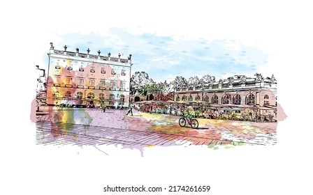 Building view with landmark of Nancy is the 
city in France. Watercolor splash with hand drawn sketch illustration in vector.