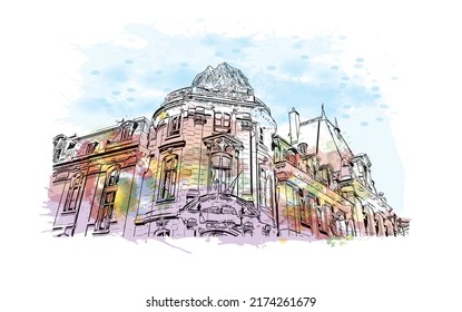 La vista de edificio con el punto de referencia de Nancy es 
ciudad de Francia. Salto de color de agua con ilustración de esbozo dibujada a mano en vector.