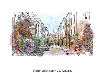 Building view with landmark of Nancy is the 
city in France. Watercolor splash with hand drawn sketch illustration in vector.