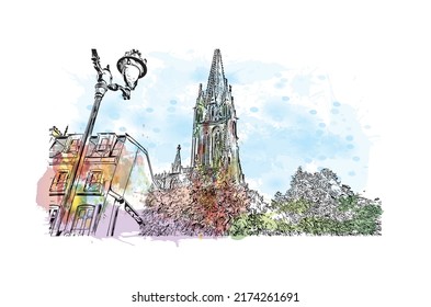 Der Blick auf das Gebäude mit Wahrzeichen von Nancy ist der 
Stadt in Frankreich. Aquarellspritzer mit handgezeichneter Skizzengrafik in Vektorgrafik.