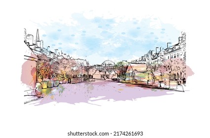 La vista de edificio con el punto de referencia de Nancy es 
ciudad de Francia. Salto de color de agua con ilustración de esbozo dibujada a mano en vector.