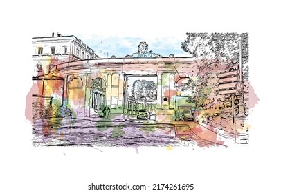 Der Blick auf das Gebäude mit Wahrzeichen von Nancy ist der 
Stadt in Frankreich. Aquarellspritzer mit handgezeichneter Skizzengrafik in Vektorgrafik.