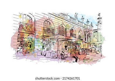 La vista de edificio con el punto de referencia de Nancy es 
ciudad de Francia. Salto de color de agua con ilustración de esbozo dibujada a mano en vector.