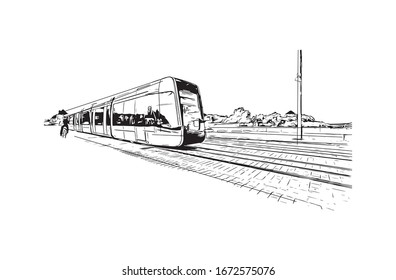 Building view with landmark of Nantes, a city on the Loire River in the Upper Brittany region of western France. Hand drawn sketch illustration in vector.