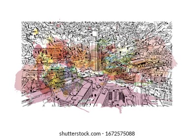 Building view with landmark of Nantes, a city on the Loire River in the Upper Brittany region of western France. Watercolor splash with Hand drawn sketch illustration in vector.