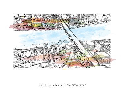 Building view with landmark of Nantes, a city on the Loire River in the Upper Brittany region of western France. Watercolor splash with Hand drawn sketch illustration in vector.