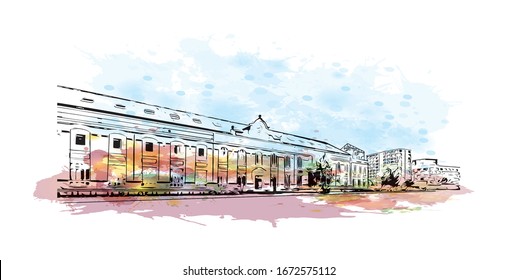 Building view with landmark of Nantes, a city on the Loire River in the Upper Brittany region of western France. Watercolor splash with Hand drawn sketch illustration in vector.