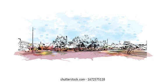 Building view with landmark of Nantes, a city on the Loire River in the Upper Brittany region of western France. Watercolor splash with Hand drawn sketch illustration in vector.