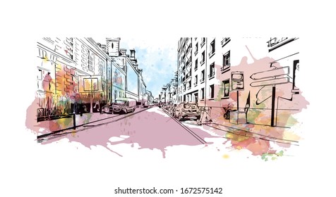 Building view with landmark of Nantes, a city on the Loire River in the Upper Brittany region of western France. Watercolor splash with Hand drawn sketch illustration in vector.