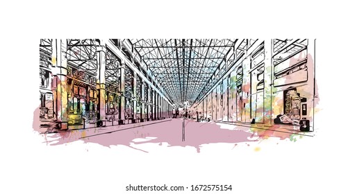 Building view with landmark of Nantes, a city on the Loire River in the Upper Brittany region of western France. Watercolor splash with Hand drawn sketch illustration in vector.
