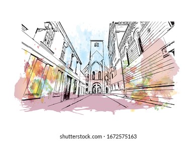 Building view with landmark of Nantes, a city on the Loire River in the Upper Brittany region of western France. Watercolor splash with Hand drawn sketch illustration in vector.