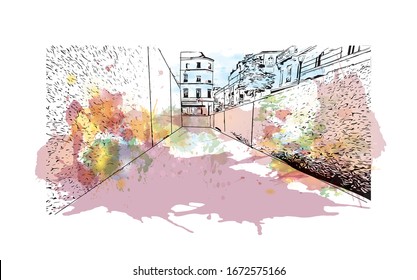 Building view with landmark of Nantes, a city on the Loire River in the Upper Brittany region of western France. Watercolor splash with Hand drawn sketch illustration in vector.