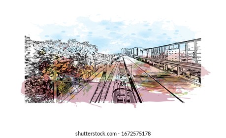 Building view with landmark of Nantes, a city on the Loire River in the Upper Brittany region of western France. Watercolor splash with Hand drawn sketch illustration in vector.
