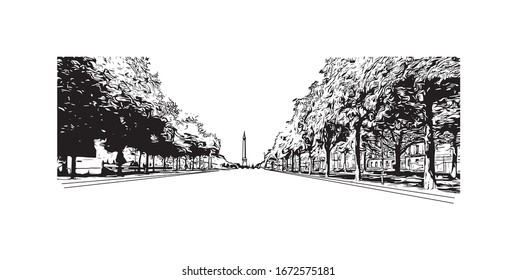 Building view with landmark of Nantes, a city on the Loire River in the Upper Brittany region of western France. Hand drawn sketch illustration in vector.
