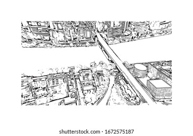 Building view with landmark of Nantes, a city on the Loire River in the Upper Brittany region of western France. Hand drawn sketch illustration in vector.