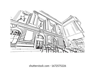 Building view with landmark of Nantes, a city on the Loire River in the Upper Brittany region of western France. Hand drawn sketch illustration in vector.