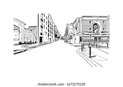 Building view with landmark of Nantes, a city on the Loire River in the Upper Brittany region of western France. Hand drawn sketch illustration in vector.