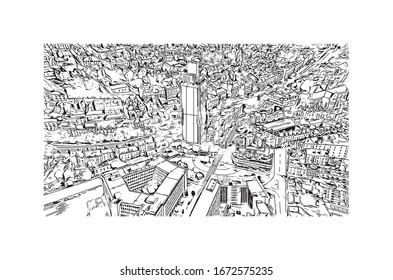 Building view with landmark of Nantes, a city on the Loire River in the Upper Brittany region of western France. Hand drawn sketch illustration in vector.