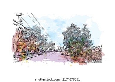 Building view with landmark of Napa is the 
city in California. Watercolor splash with hand drawn sketch illustration in vector.