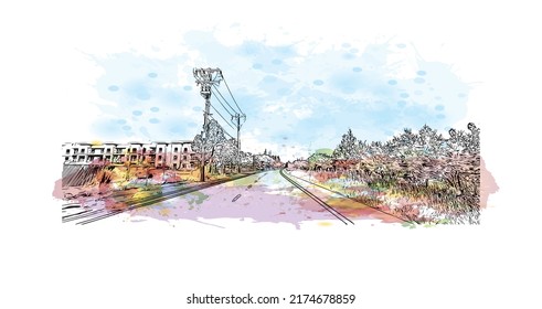 Building view with landmark of Napa is the 
city in California. Watercolor splash with hand drawn sketch illustration in vector.